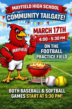 Community Tailgate Flyer featuring the Cardinal Mascot grilling
